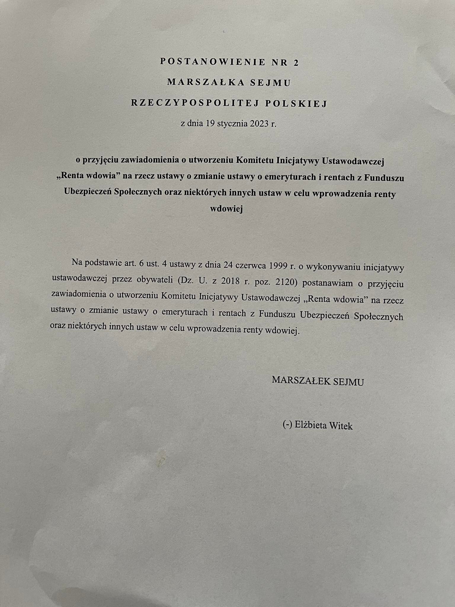 Urzędowy dokument: postanowienie Marszałka Sejmu RP z dnia 19 stycznia 2023 r. o przyjęciu zawiadomienia o utworzeniu Komitetu Inicjatywy Ustawodawczej „Renta wdowia”.