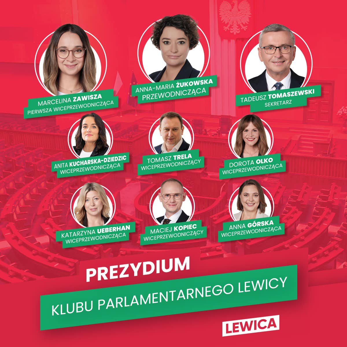 Kolaż portretów kilku członków Prezydium Klubu Parlamentarnego Lewicy z zielonymi etykietami stanowisk na czerwonym tle, z widocznym motywem sali plenarnej i logiem Lewicy.