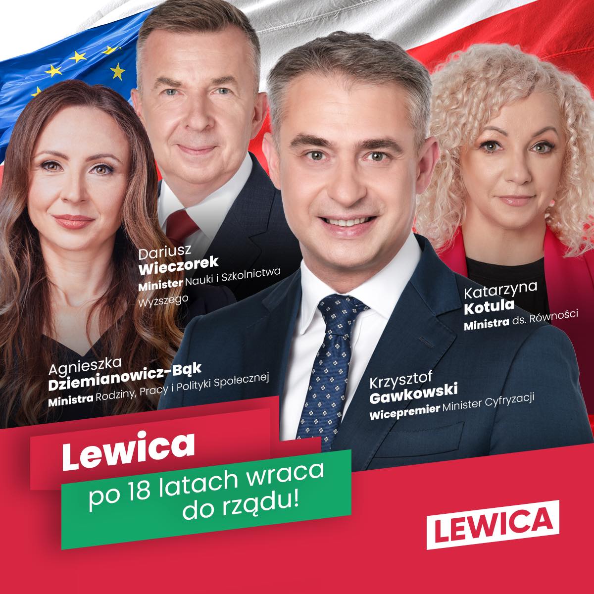 Grupowy plakat Lewicy z czterema politykami na tle flag Unii Europejskiej i Polski, z napisem Lewica po 18 latach wraca do rządu.