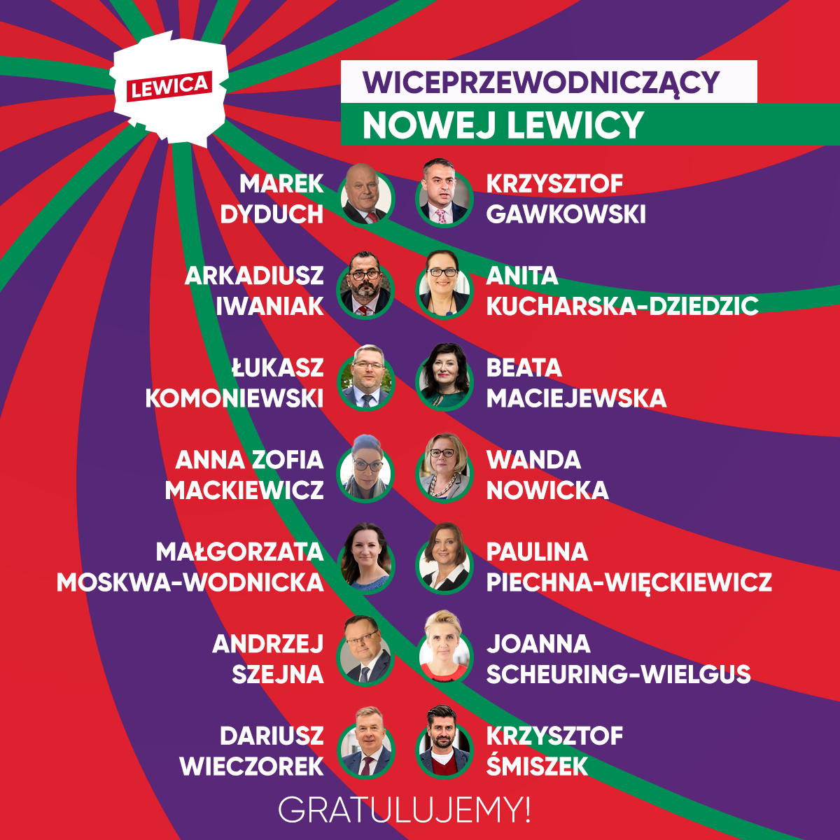 Kolorowy plakat promujący Kongres Zjednoczeniowy Nowej Lewicy z napisem Łączy nas Polska i tytułem Wiceprzewodniczący Nowej Lewicy, na którym znajdują się okrągłe zdjęcia osób rozmieszczone na barwnych paskach.