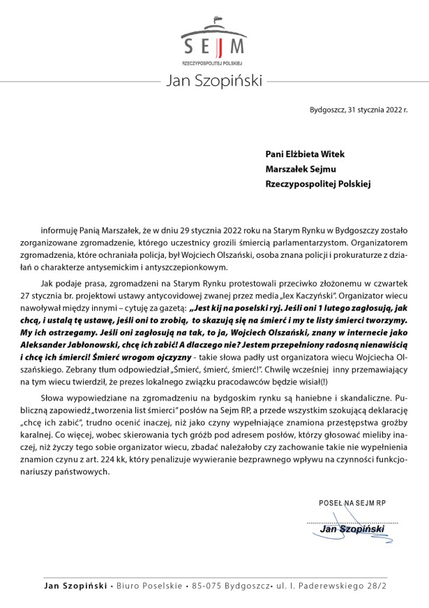 Pismo z 31 stycznia 2022 roku od Jana Szopińskiego do Elżbiety Witek, dotyczące protestu przeciwko projektowi ustawy antyszeptycznej w Bydgoszczy.