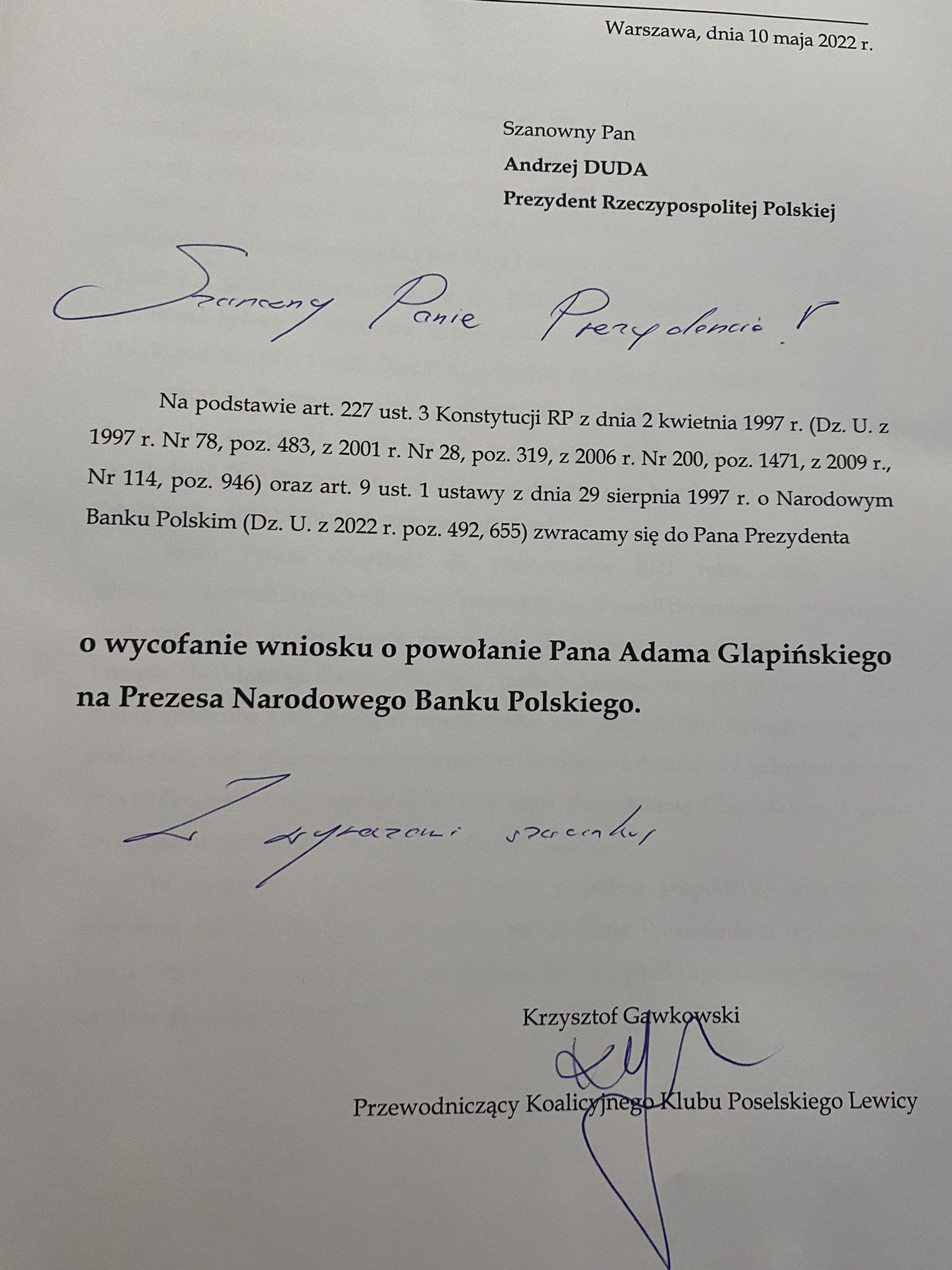 Dokument przedstawia pismo datowane na 10 maja 2022 roku, skierowane do Prezydenta RP Andrzeja Dudy, dotyczące wycofania wniosku o powołanie pana Adama Glapińskiego na prezesa Narodowego Banku Polskiego.
