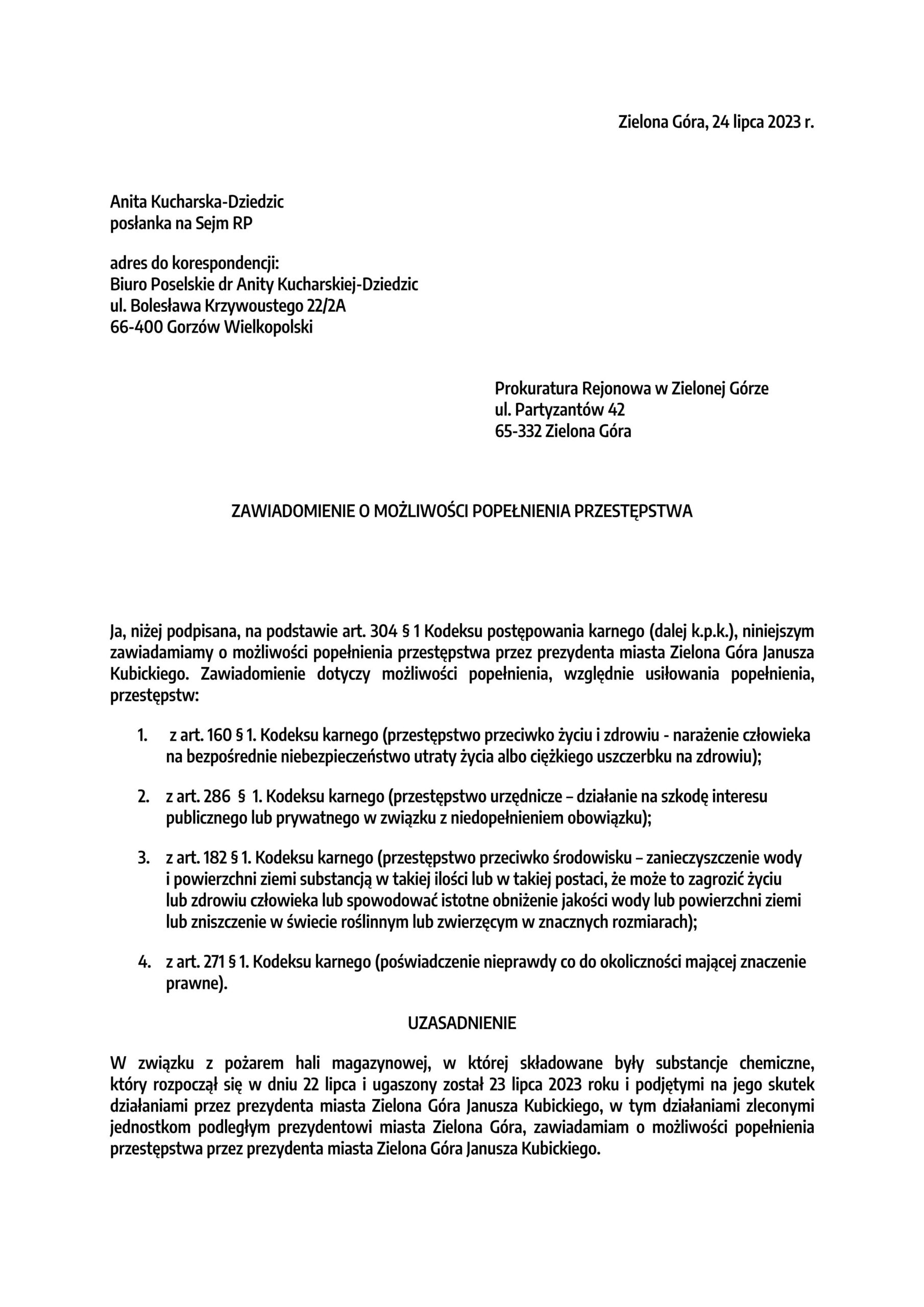 Skany oficjalnego listu urzędowego w języku polskim z tytułem „ZAWIADOMIENIE O MOŻLIWOŚCI POPEŁNIENIA PRZESTĘPTWA”, skierowanego do Prokuratury Rejonowej w Zielonej Górze.
